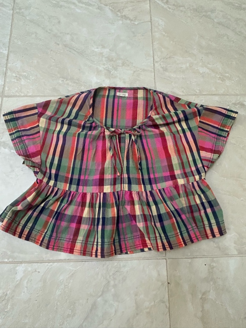 Pilcro Pink, Green & Navy Plaid Peplum Top